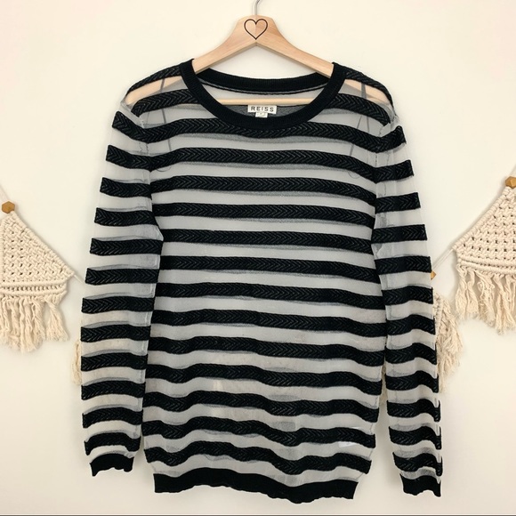 Reiss Black and White Striped Mesh & Knit Top - Picture 4 of 10